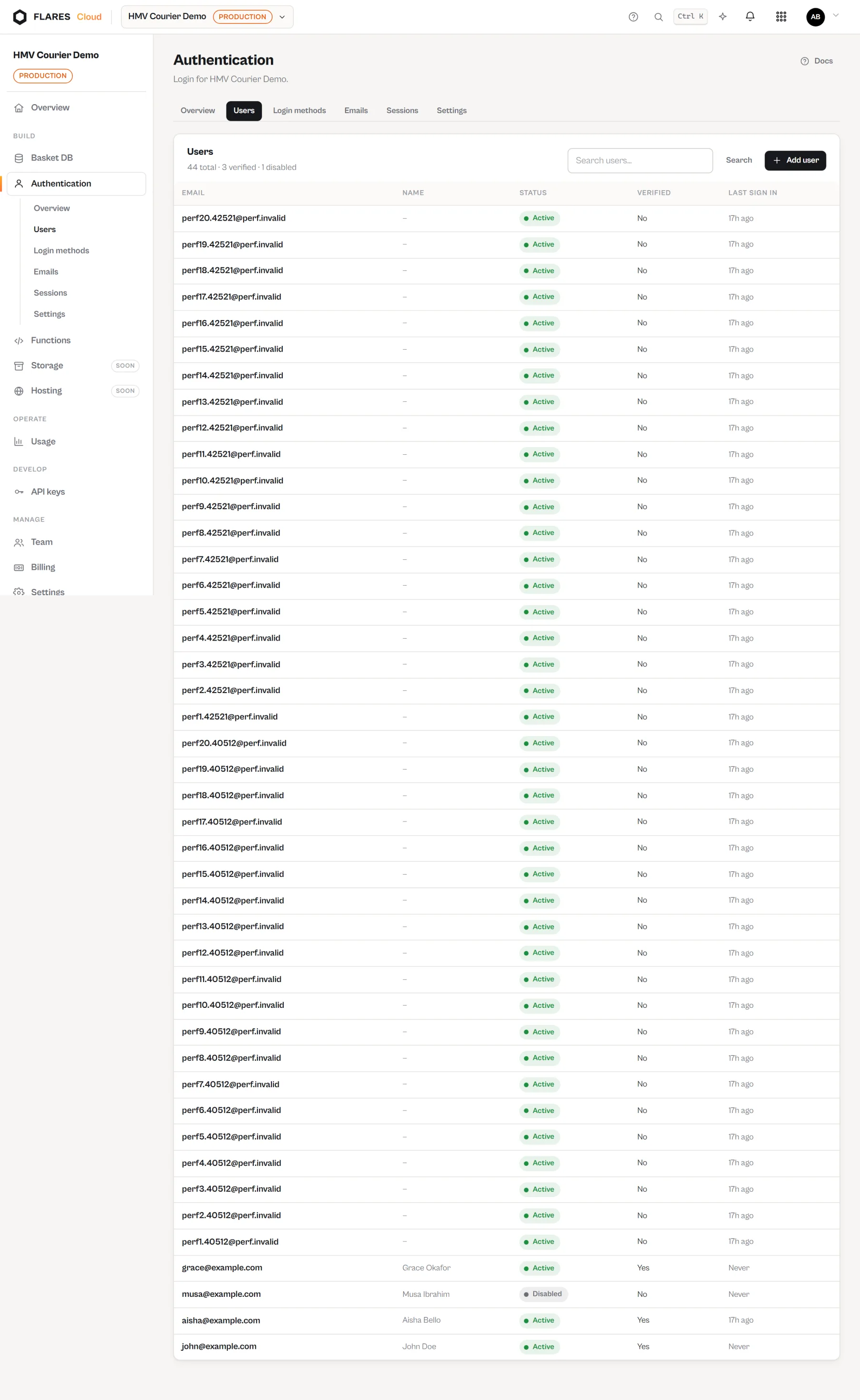The Flares Auth users list in the Cloud console showing application users and their status.
