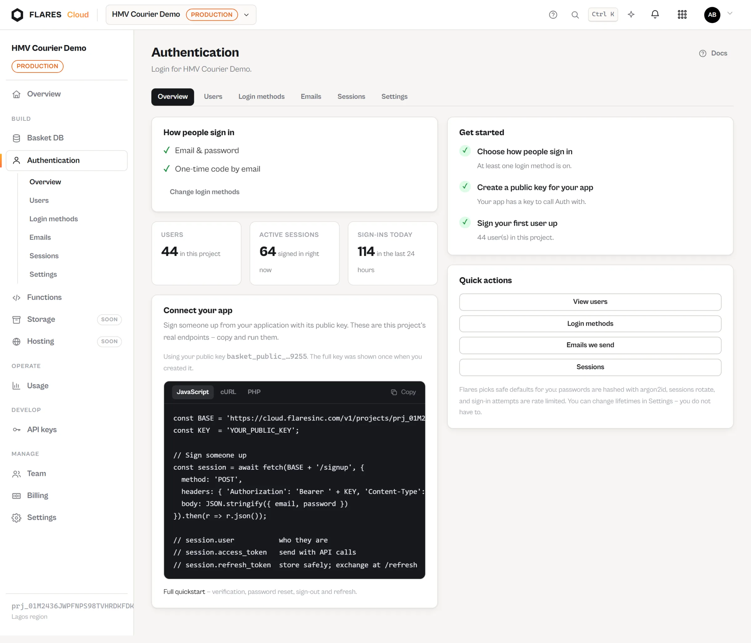 The Flares Auth overview in the Cloud console showing sign-in methods and recent activity.