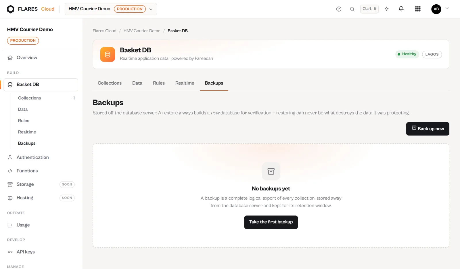 The backups screen for a Basket DB in the Flares Cloud console.