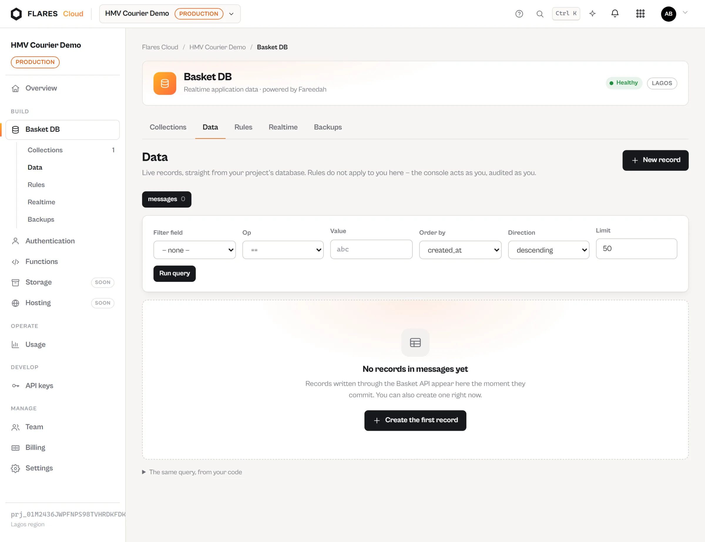 The Basket DB data browser in the Flares Cloud console showing records in a collection.