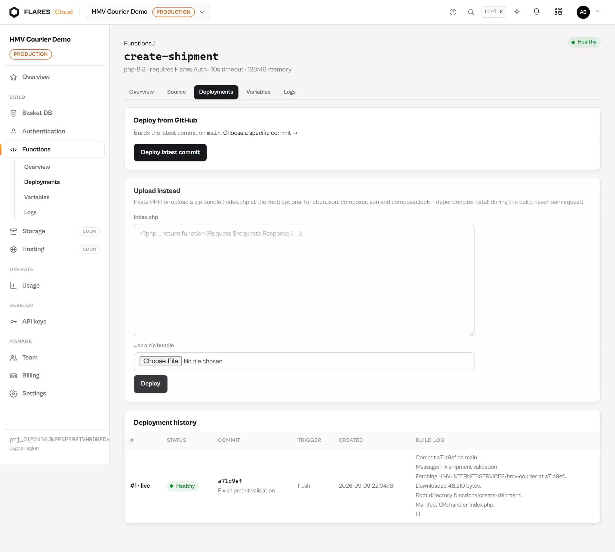 The deployment history of a function in the Flares Cloud console, showing commits, triggers and build logs.