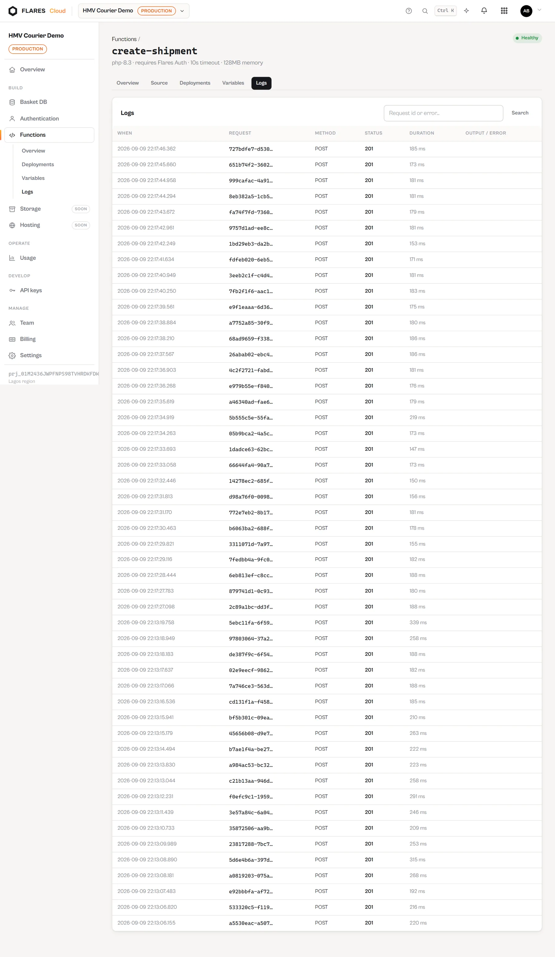 The logs screen for a function in the Flares Cloud console, one line per invocation.