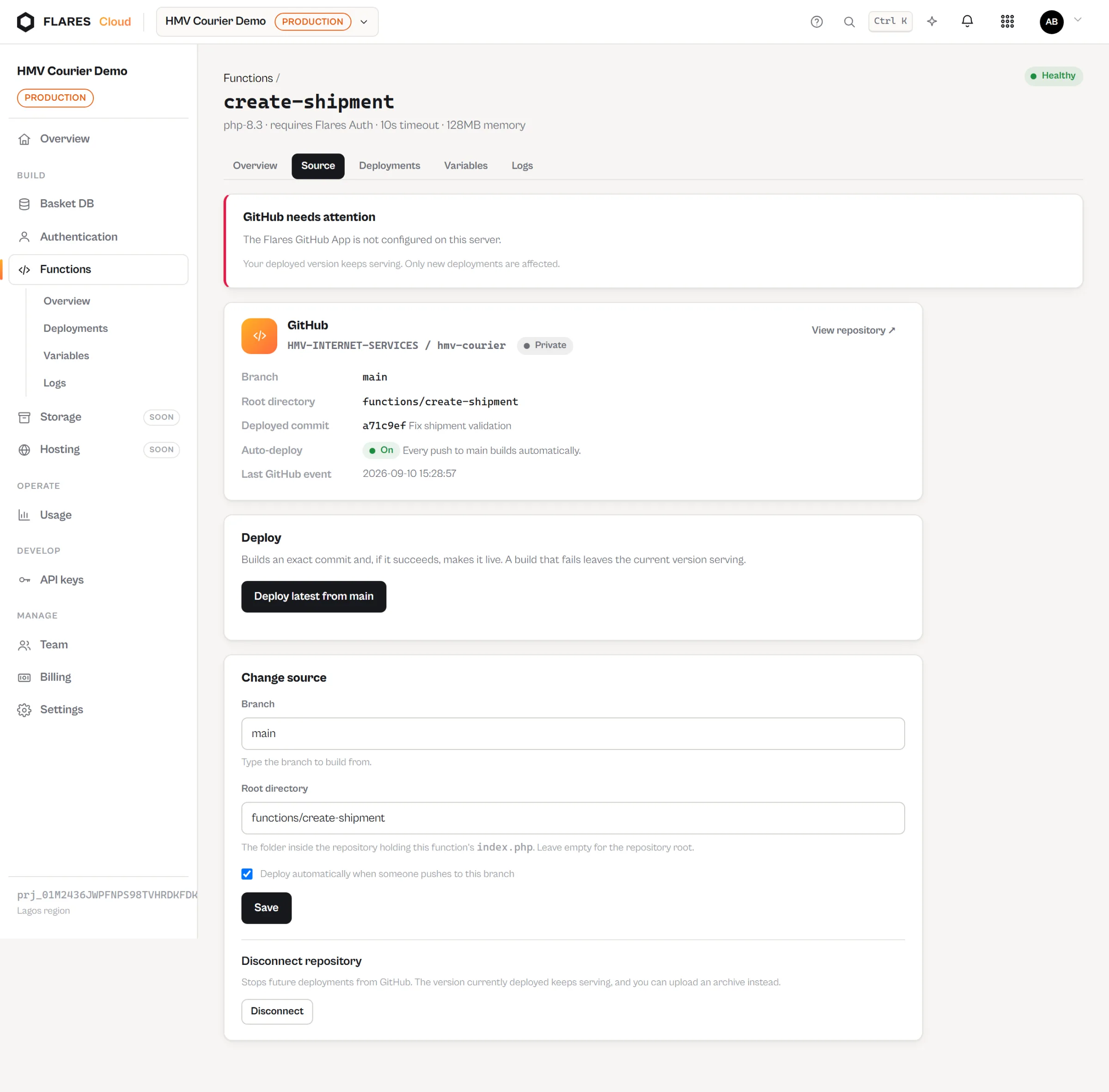 A function in the Cloud console connected to a GitHub repository, showing branch, directory and deployed commit.