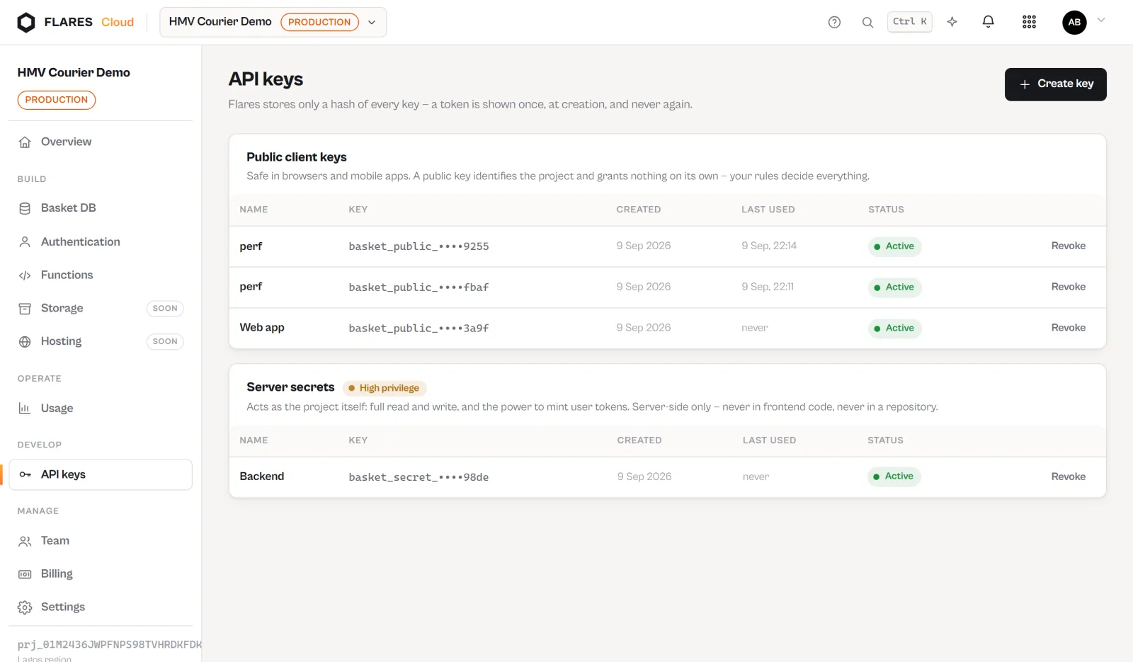 The API keys screen for a project in the Flares Cloud console.