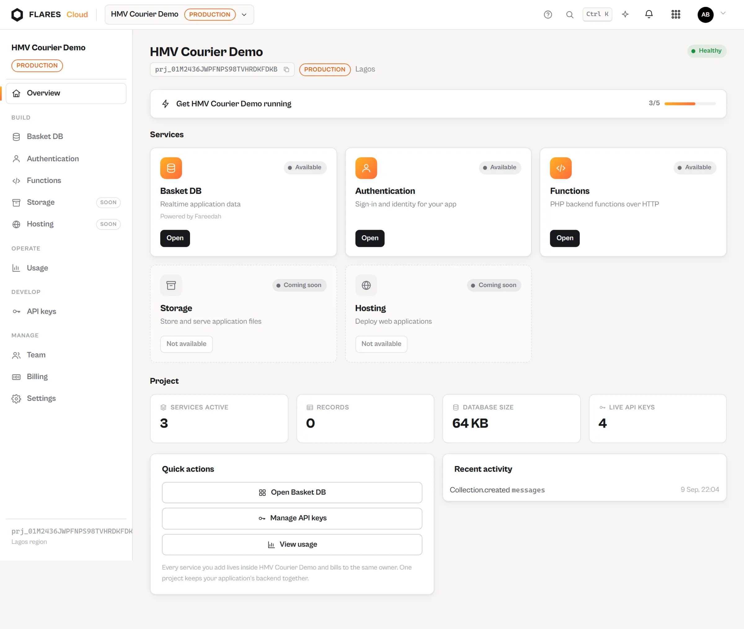 A project in the Flares Cloud console showing its services — Basket DB, Auth and Functions — each with its current state.