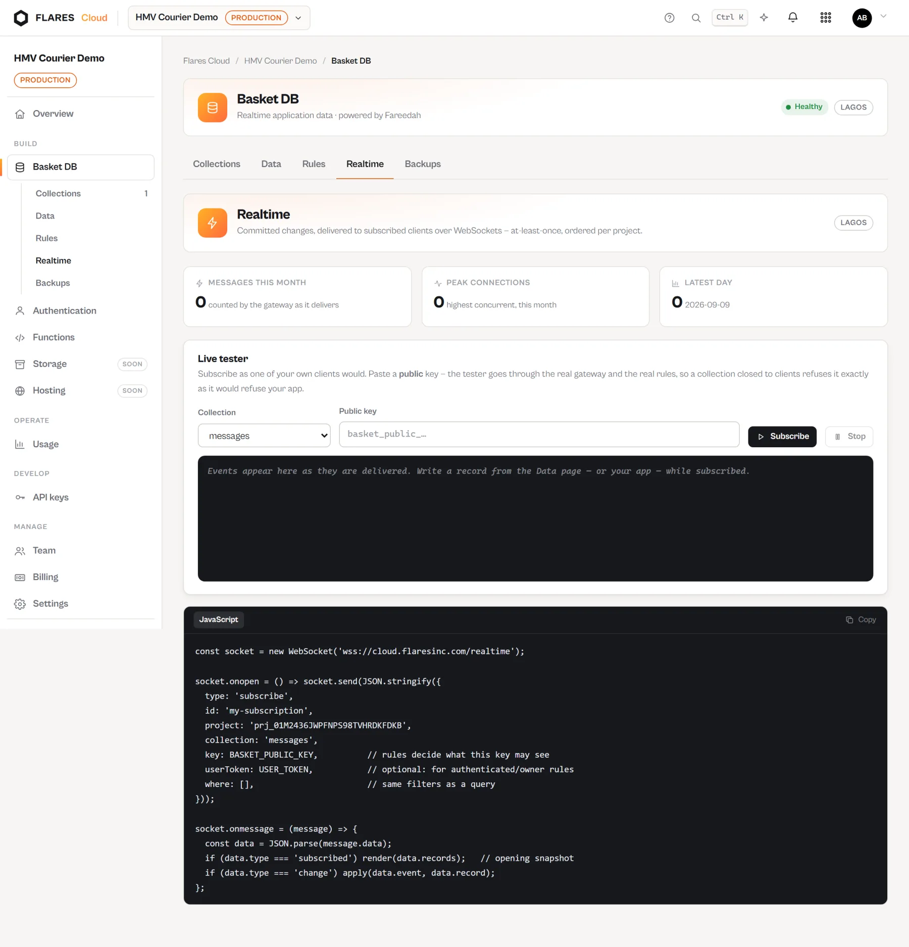 The realtime screen in the Flares Cloud console showing live events from a collection.