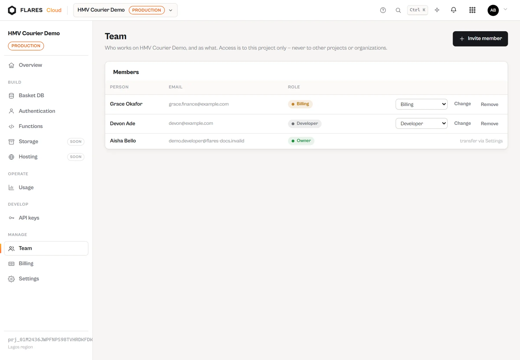 The team screen of a Flares Cloud project showing members and their roles.