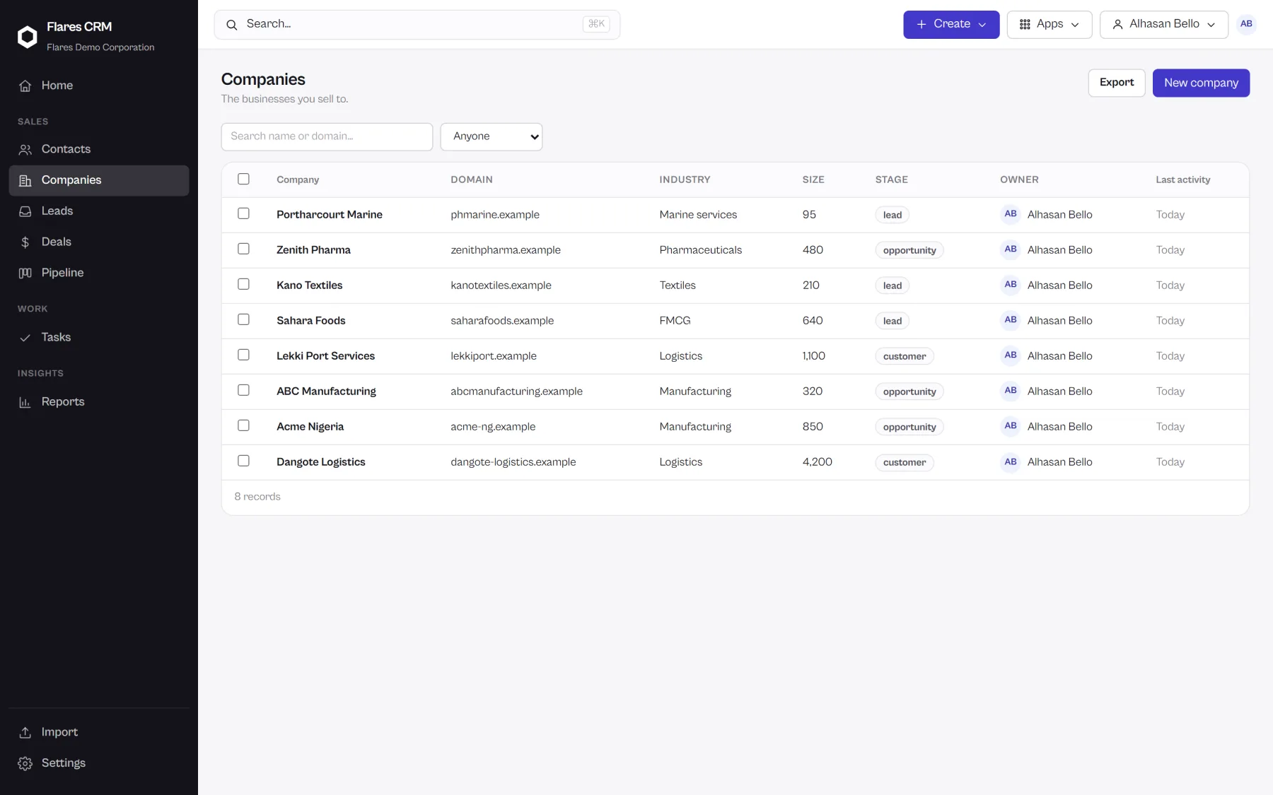 The Flares CRM companies list showing accounts with owners and related information.