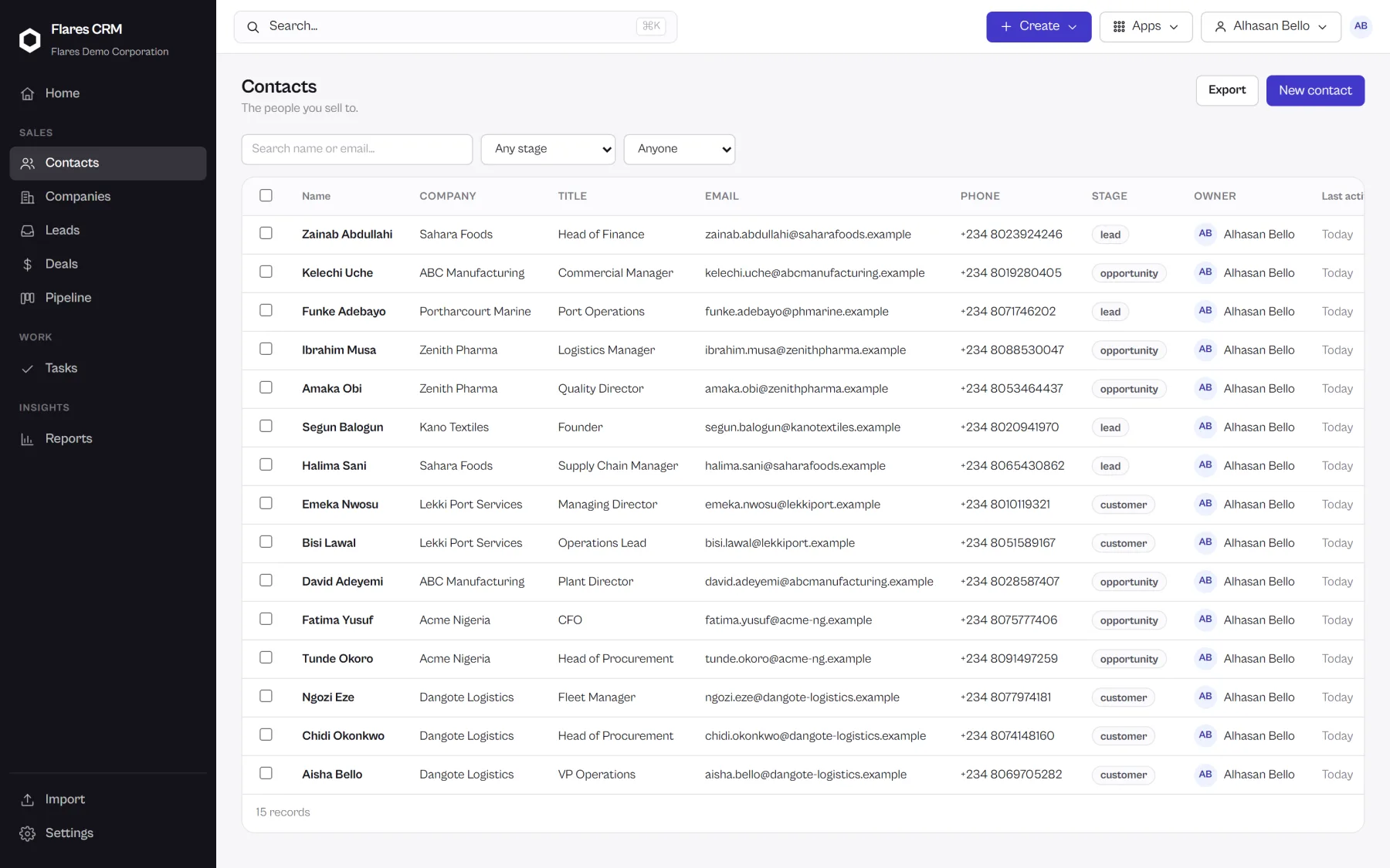 The Flares CRM contacts list, filtered, with several records selected for a bulk action.