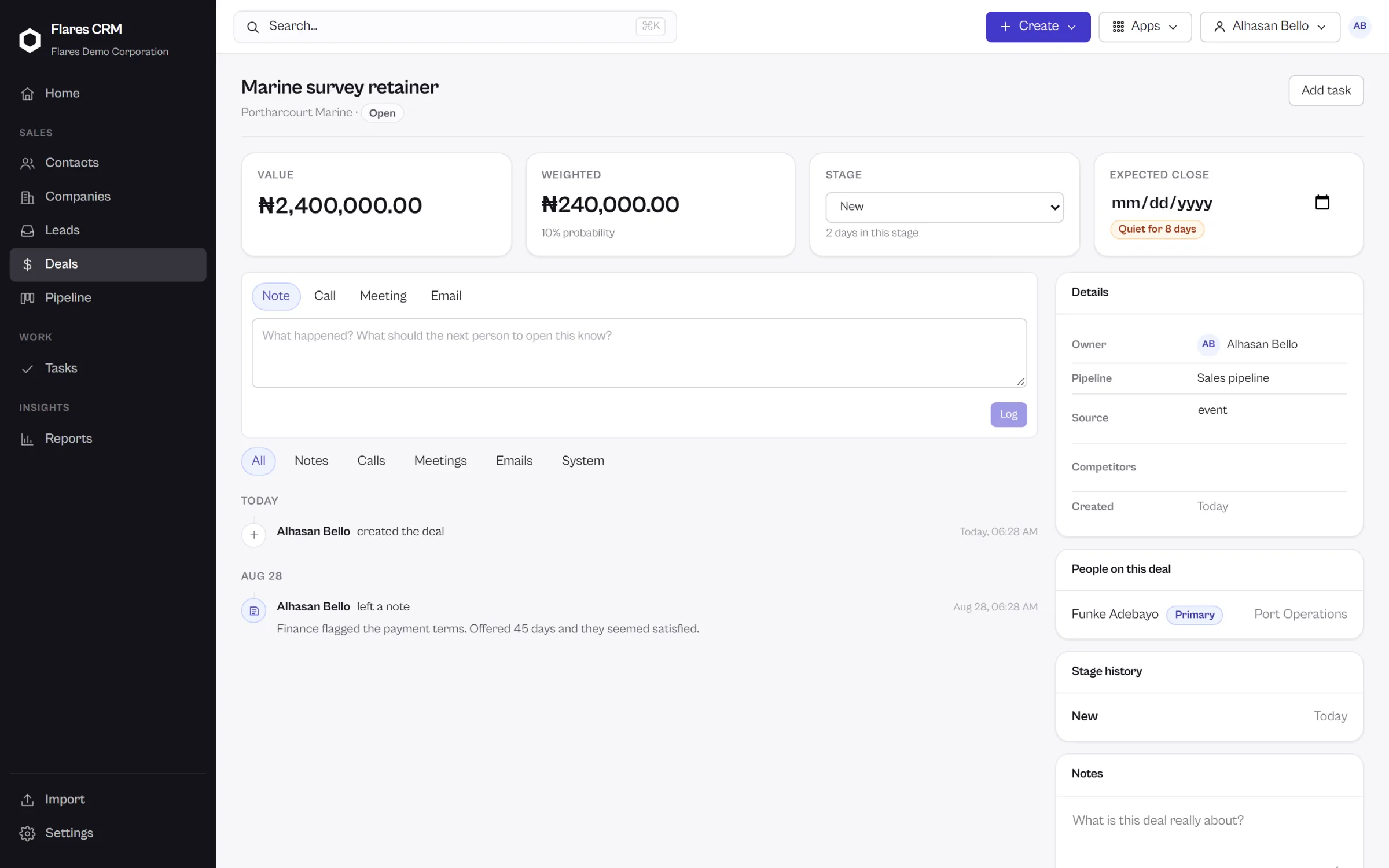 A deal in Flares CRM showing value, stage, related company and contacts, tasks and a chronological timeline.