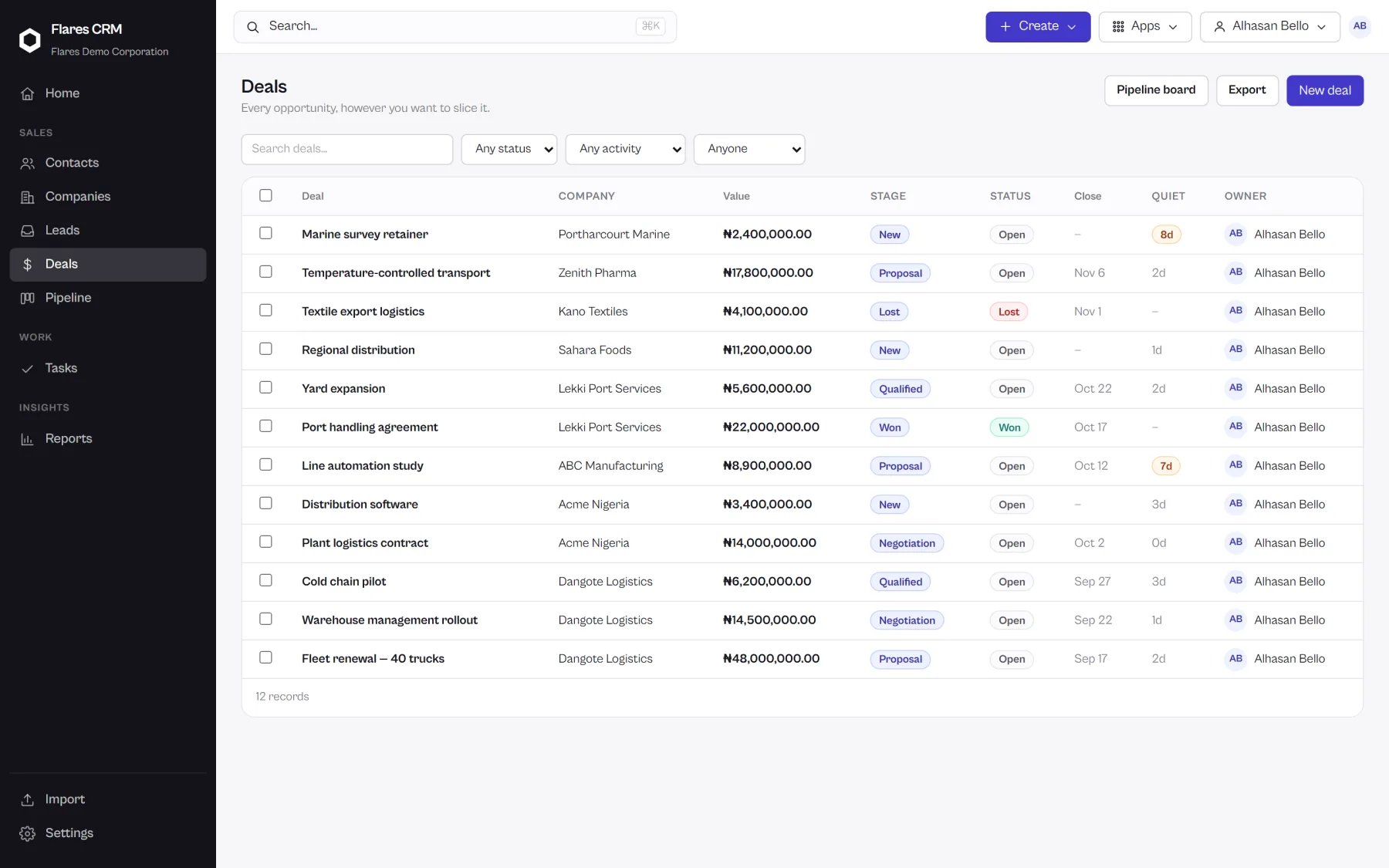 The Flares CRM deals list as a sortable, filterable table.