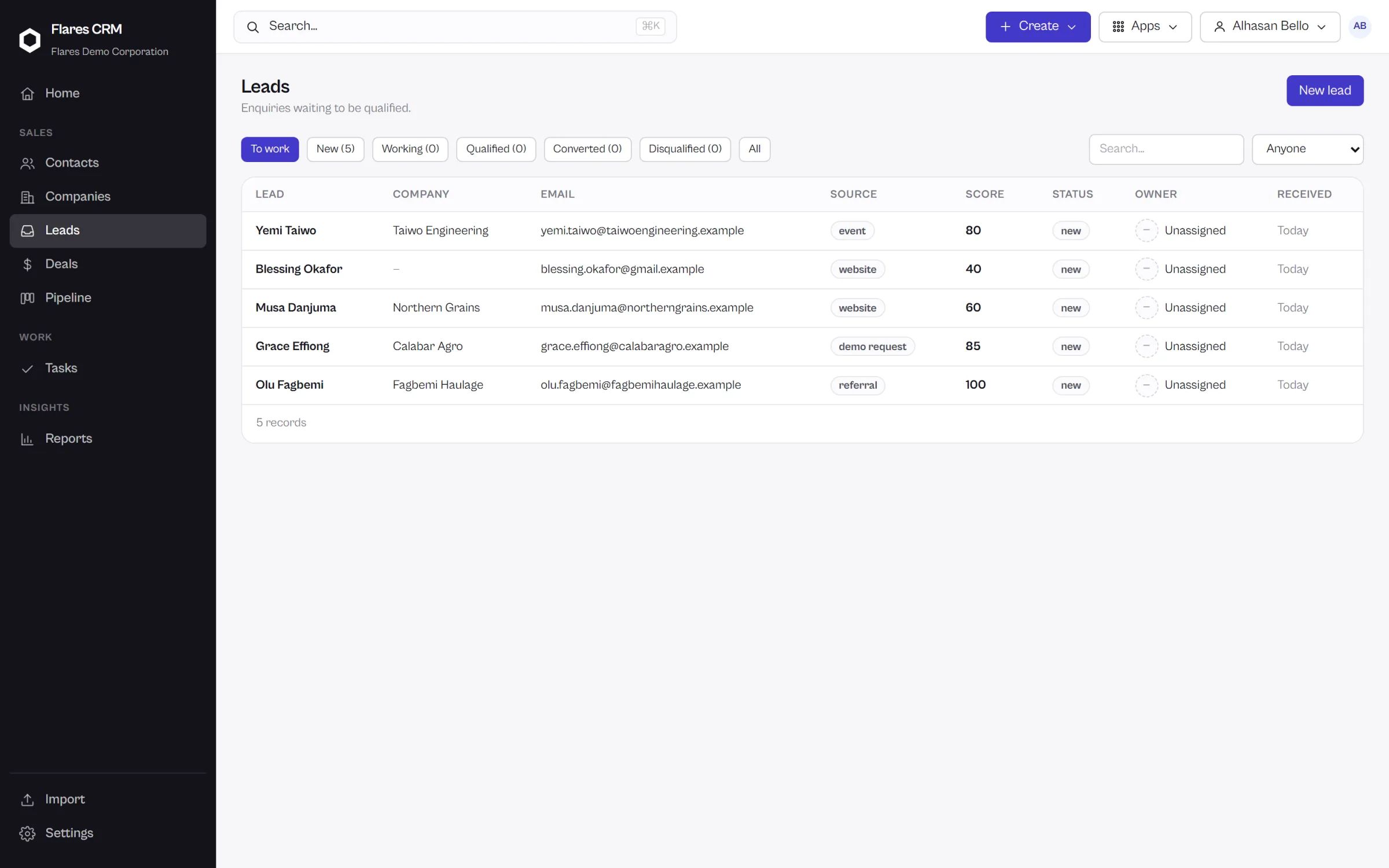 The Flares CRM lead inbox, showing new leads with owners, sources and scores.