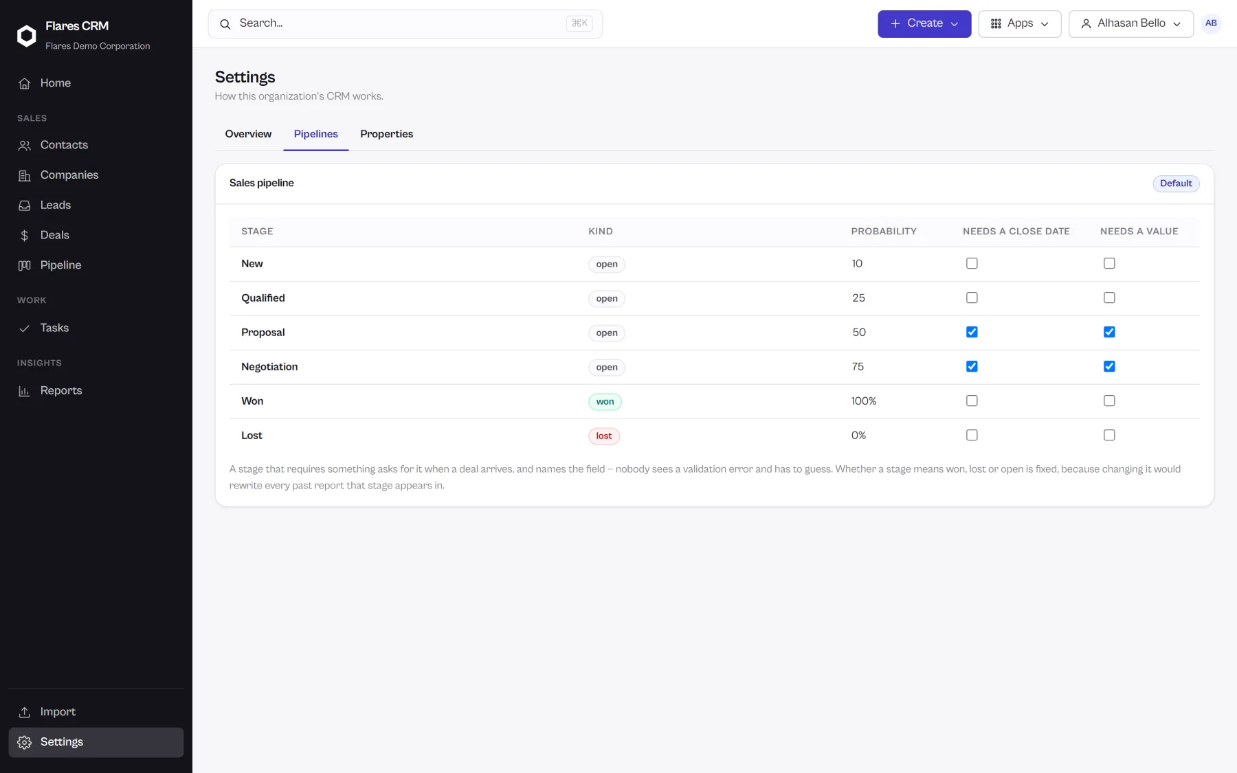 The Flares CRM settings screen where pipelines and their stages are edited.